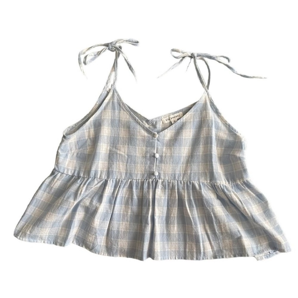 Dillard’s Blu Pepper Light Blue Plaid Gingham Tie-Shoulder Peplum Cami Top M